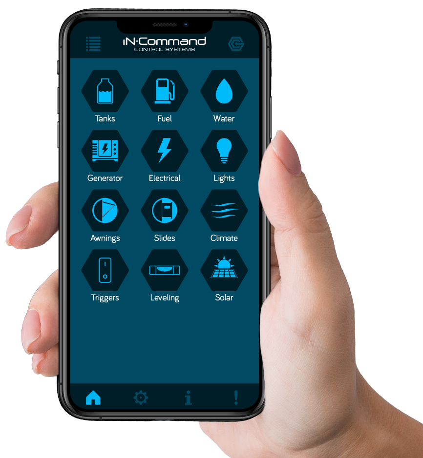 Hand holding a modern mobile device displaying the iN·Command App.
